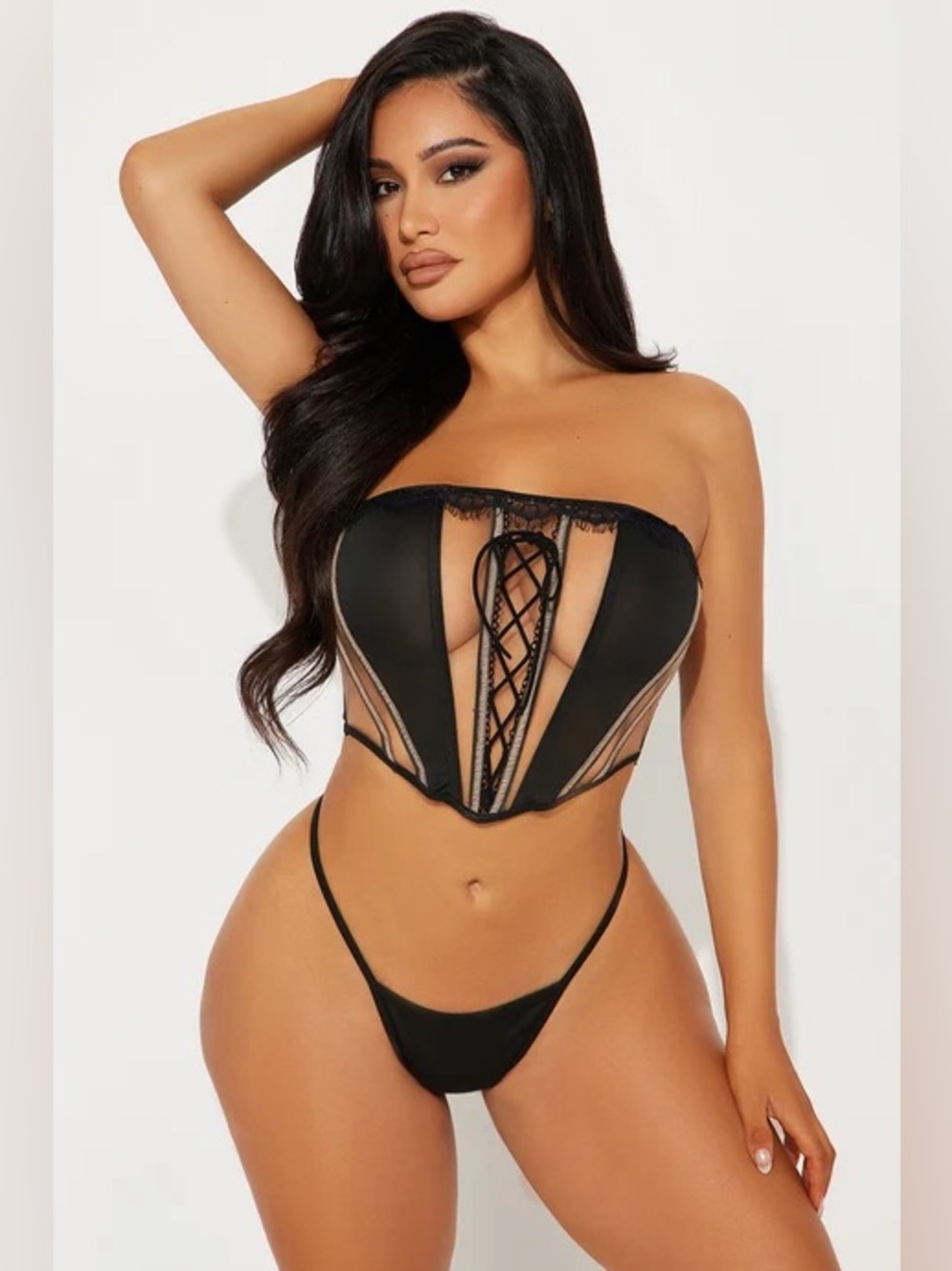 Fashion Nova Black Lace-Up Strapless Bustier Crop Top